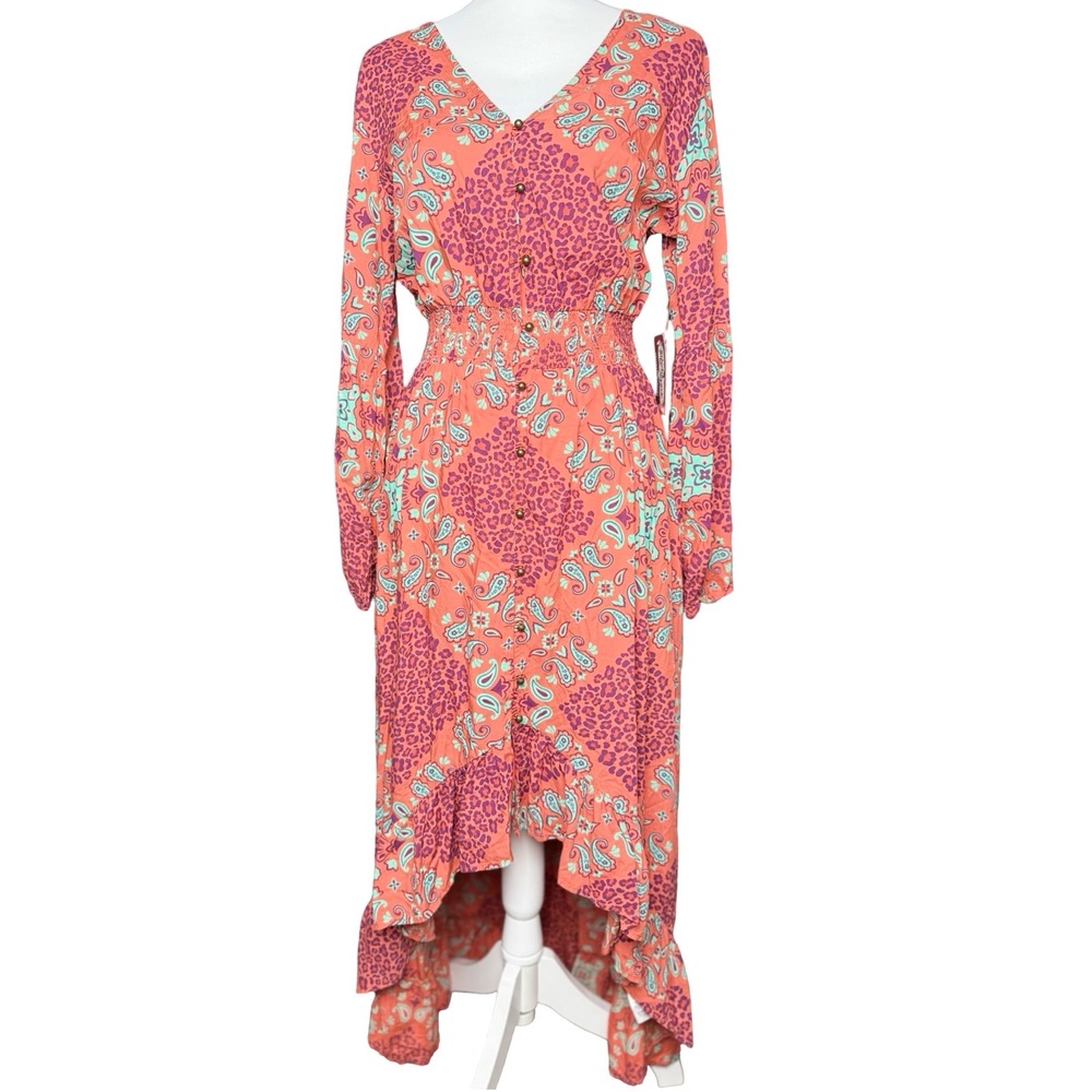 Wrangler Retro Womens Medium Coral Paisley Leopard Hi Low Maxi Dress NWT